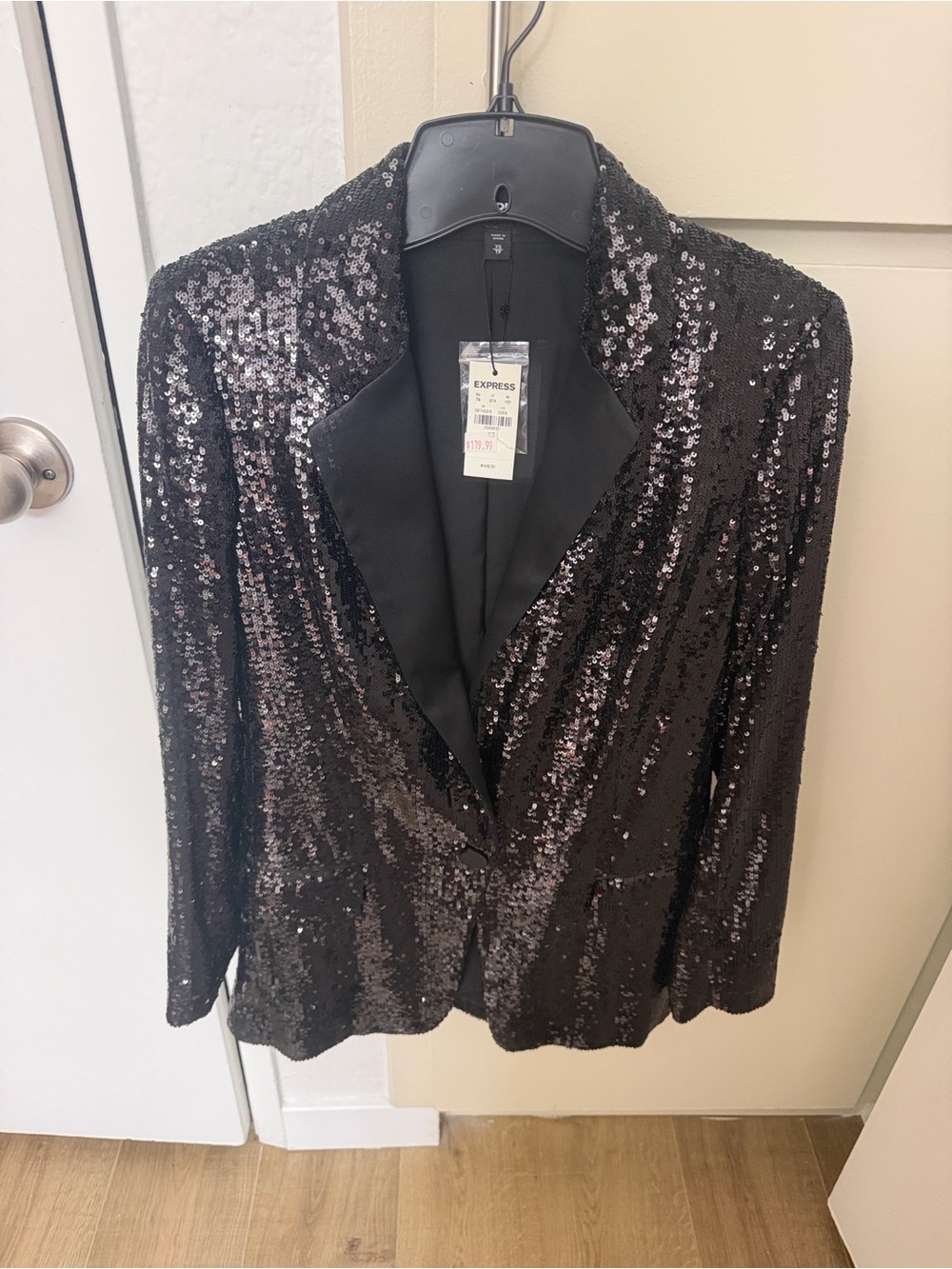 Express Black Sequin Blazer with Satin Lapel